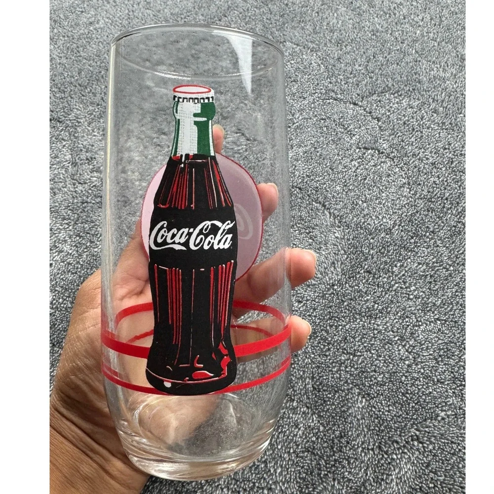 Vintage‎ 1999 Coca-Cola Glass Tumbler Red Logo Contour Bottle Double Stripe 6 in